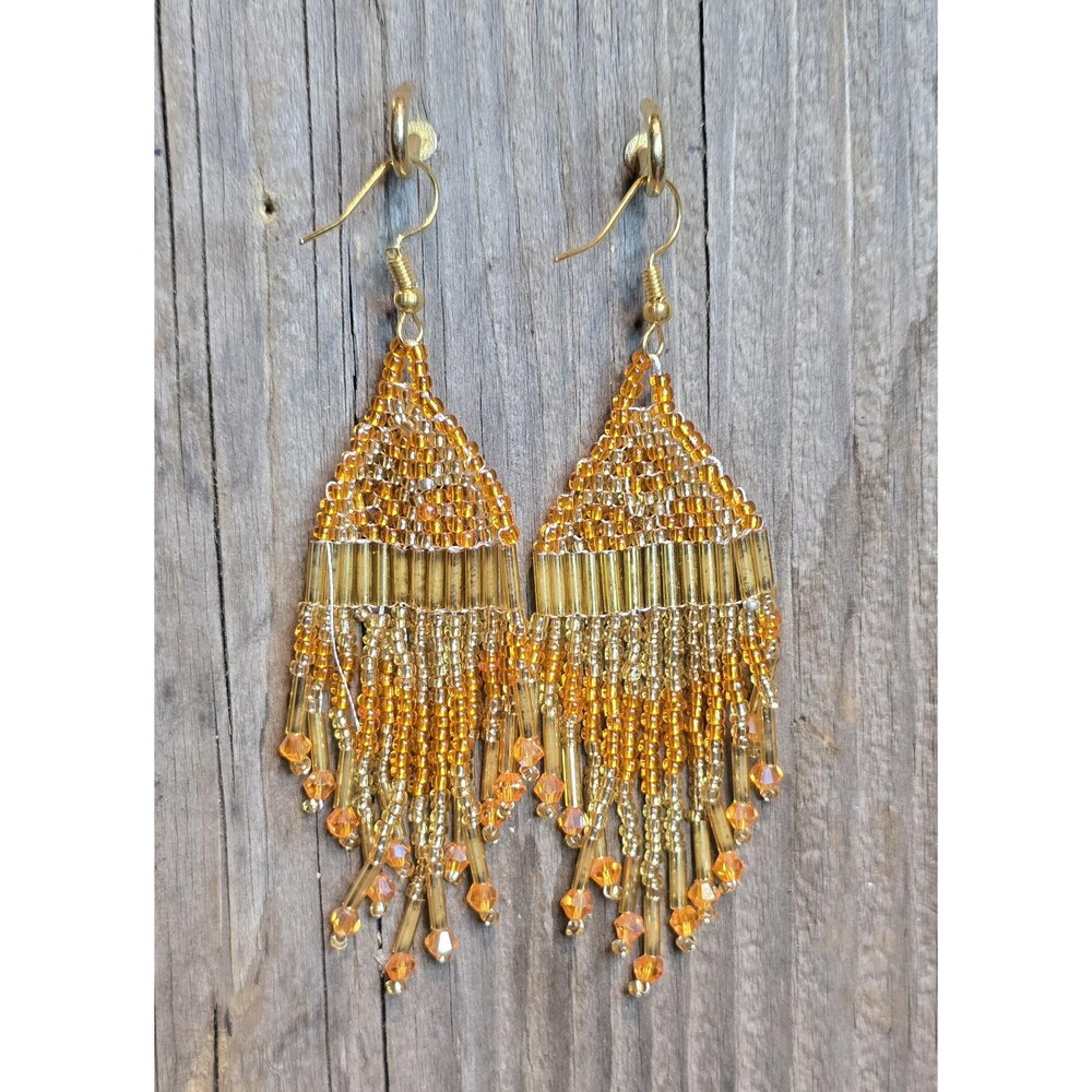 Handmade Beaded Geo Drop Dangle Earrings, Orange and Gold Statement Earrings, 3.